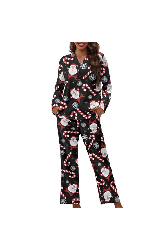 Christmas Theme Pajama for Women Santa Candy Canes Graphic Winer Pajamas 2 Pieces Button Pjs Shirts with Pants Set Soft Long Sleeve Tee Nightwear Loose Fit Sleepwear Size 2XL