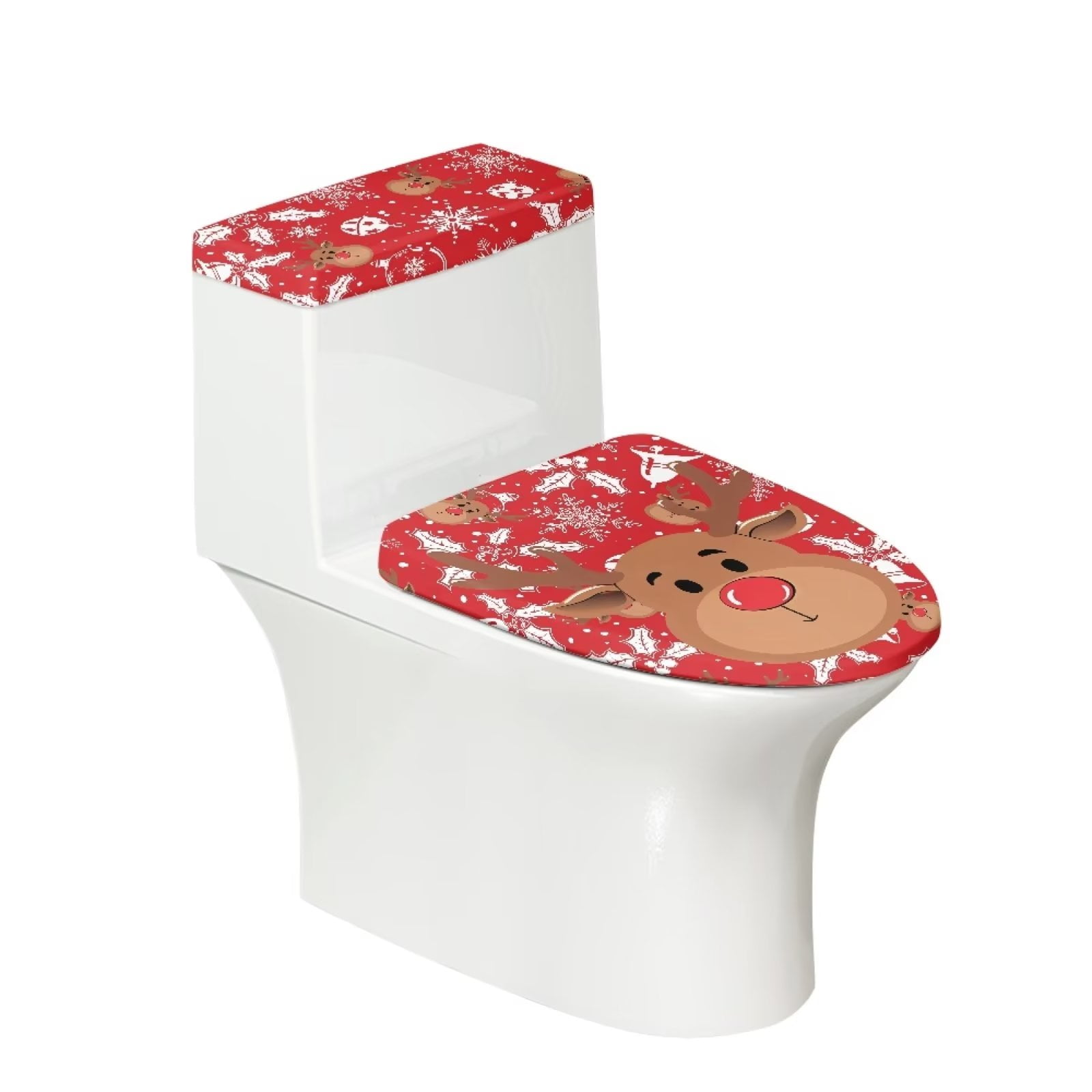 Renewold Christmas Theme Toilet Dust Cover Set Reindeer Lids Dust Cover Xmas Bell Toilet Lid Tank Cover Stretchable Round for Bathroom Elongated Lid Cover 2 Pieces Walmart