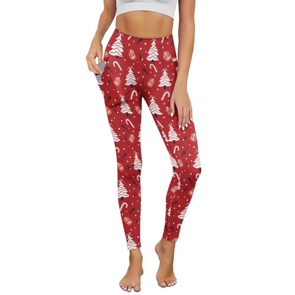Renewold Christmas Tree Candy Cane Red Yoga Pants for Women with Pockets Full Length Workout Leggings High Waist Tummy Control Lounge Pants Activewear Fashion Womens Leggings, 3XL