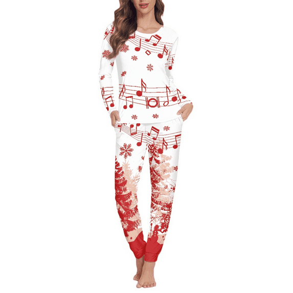 Renewold Christmas Women Pajamas Set of 2 Stretchy Music Note Xmas Trees PJ for Fall Spring Winter Soft Sleep Wear Skin Friendly Pullover Tops Sweatpants Size M