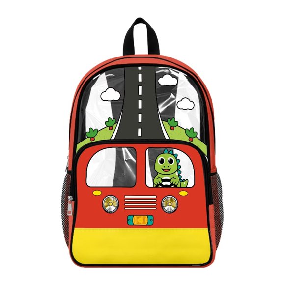 Renewold Clear Backpack for Back to School Bag with Side Pockets 17 Inch See Through Backpack for Elementary Middle High School Transparent Bookbag, Dinosaur Car Print Red