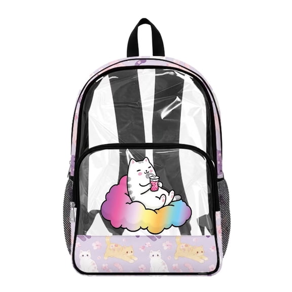 Renewold Clear Backpack Large Capacity Clear Bag for Stadium Events Shoulder Bag with Side Pockets PVC Bookbag for School Travel Work Gym, Cat Cloud Cherry Blossom Print Light Violet