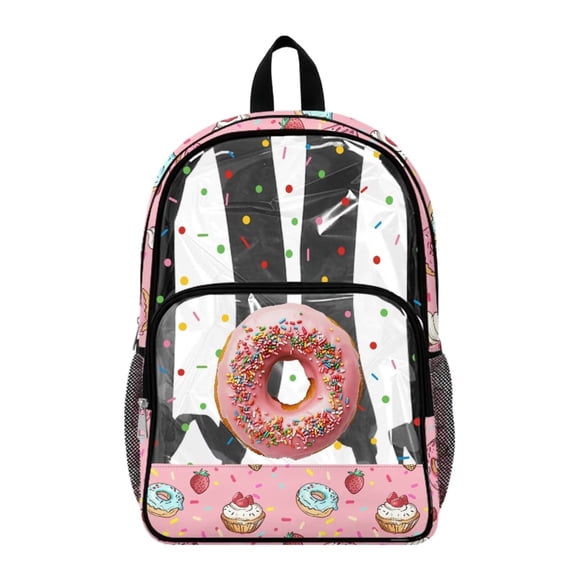 Renewold Clear Backpack Large Capacity Clear Bag for Stadium Events Shoulder Bag with Side Pockets PVC Bookbag for School Travel Work Gym, Donut Strawberry Splash Print Pink