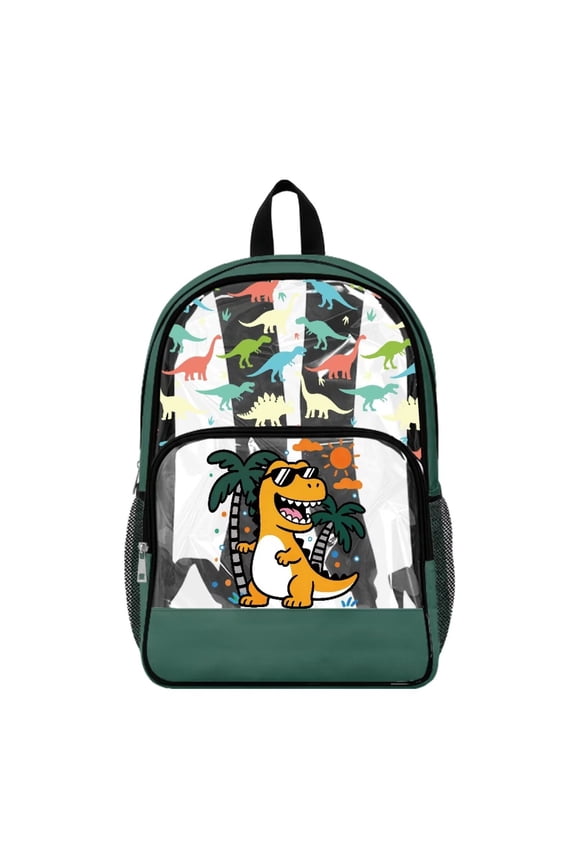 Clear Backpack for School Travel Work 17 Inch PVC See Through Bag Large Capacity Backpack See Through Bag for High Junior Secondary School, Funny Dinosaur T-Rex Palm Tree Print Green
