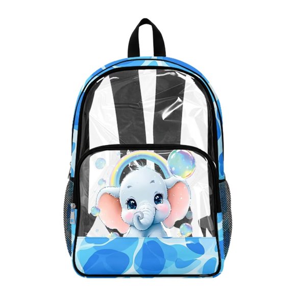 Renewold Clear Backpack for School Travel Work 17 Inch PVC See Through Bag Large Capacity Backpack with Side Pockets See Through Bag for High Junior Secondary School, Elephant Bubble Print Blue