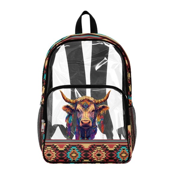 Renewold Clear Backpack with Side Pockets Large Clear Backpack Adjustable Straps Wide Shoulder Straps PVC Bookbag for Sports Events Security Check Stadium, Ethnic Highland Cow Print