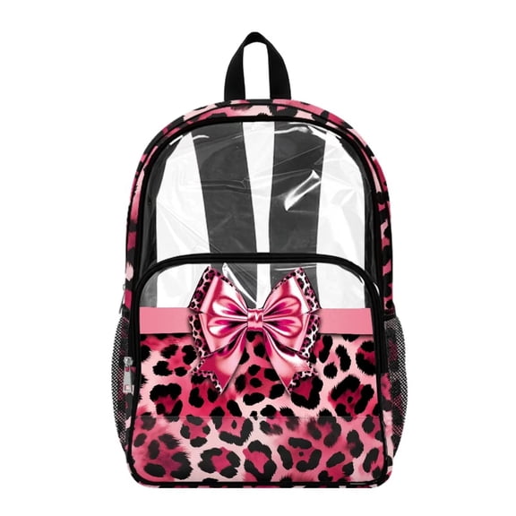 Renewold Clear Backpack with Side Pockets Large Clear Backpack Adjustable Straps Wide Shoulder Straps PVC Bookbag for Sports Events Security Check Stadium, Pink Bow Leopard Print
