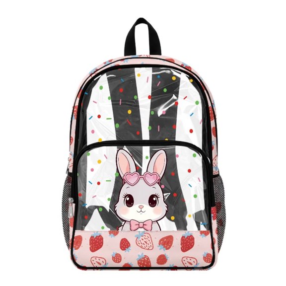 Renewold Clear Backpack with Side Pockets Large Clear Backpack Adjustable Straps Wide Shoulder Straps PVC Bookbag for Sports Events Security Check Stadium, Rabbit Strawberry Polka Dot Print Pink