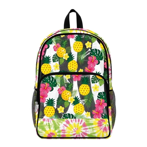 Renewold Clear Bag for Stadium Events Hibiscus Plumeria Print Backpack 17 Inch See Through Backpack for School Transparent Shoulder Bag, Tropical Pineapple Monstera Leaf Tie-dye Print