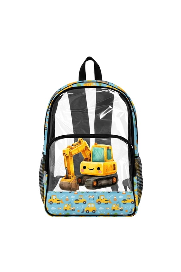 Clear Bag for Stadium Events Student Backpack Cloud Traffic Cone Print 17 Inch See Through Bag for Primary Middle School Transparent Backpack, Excavator Construction Vehicle Print Blue