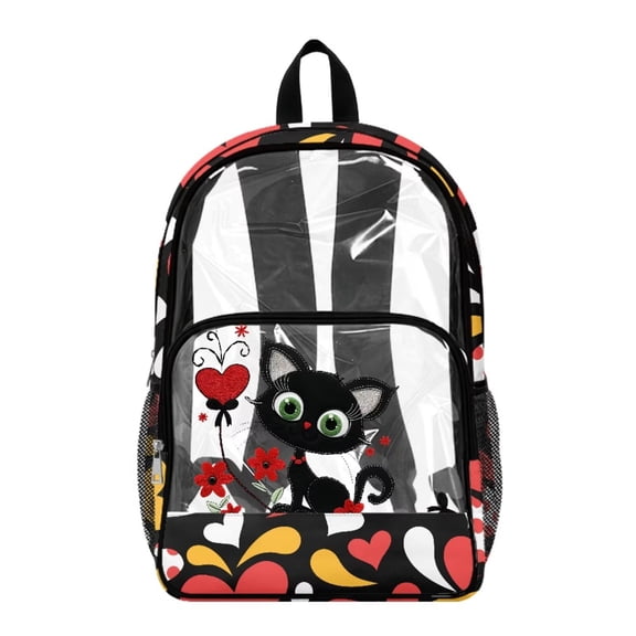 Renewold Clear Bag for Stadium Events Teen Travel Backpack with Side Pockets 17 Inch See Through Backpack for Middle High Junior School Transparent Shoulder Bag, Cat Heart Shape Floral Print