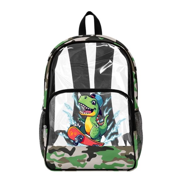 Renewold Clear Bag for Stadium Events Teen Travel Backpack with Side Pockets 17 Inch See Through Backpack for School Transparent Shoulder Bag, Dinosaur Skateboard Lightning Camo Print Green
