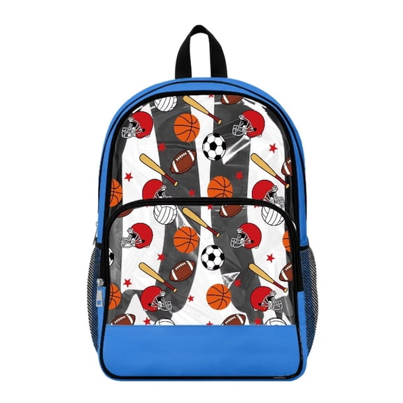 Renewold Clear Bag for Stadium Events Teen Travel Backpack with Side Pockets 17 Inch See Through Backpack for School Transparent Shoulder Bag, Soccer Football Baseball Basketball Print Blue