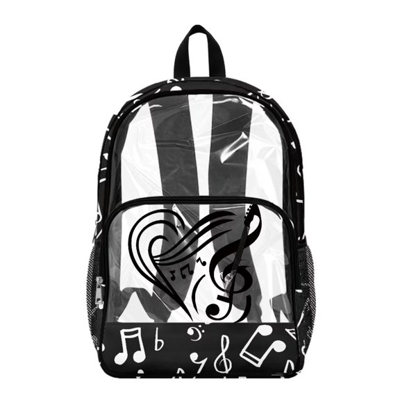 Renewold Clear School Backpack Large Capacity Adjustable Straps Transparent Backpack with Side Pockets Comfortable Shoulder Bag for Travel Gym Security, Music Note Print Black