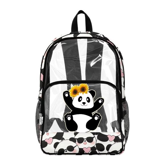 Renewold Clear Stadium Bag Large Capacity School Backpack 17 Inch See Through Backpack with Side Pockets Back to School Essentials PVC Bookbag for Workplace Security, Panda Sunflower Heart Print