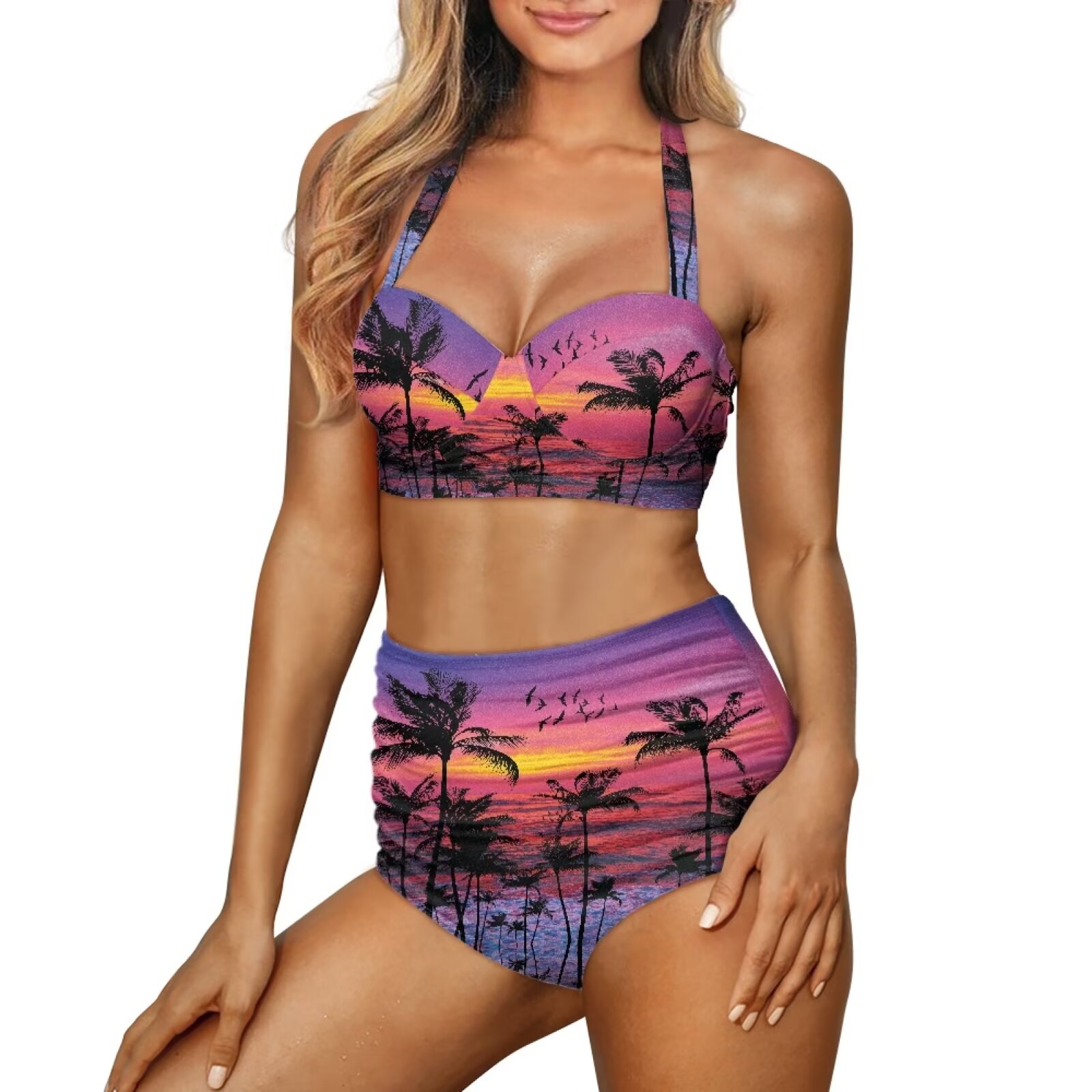 Renewold Coconut Tree Sunset Women Bathing Suits Fashion V Neck Halter