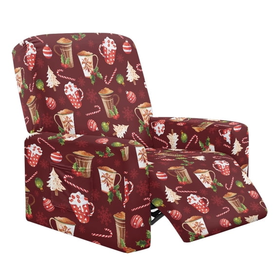 Renewold Coffee Holly Couch Cover Recliner Fitted Oversized Recliner Cover 4 Pieces Non-Slip Recliner Chair Cover with Pocket Christmas Home Decor for Pets, Cats, Kids