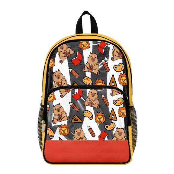 Renewold Color Palette Book Print 17 Inch Clear Backpack Backpack with Side Pockets PVC See Through Bag for High Middle Elementary School Student Bookbag, Capybara Pencil Lion Print Yellow Red