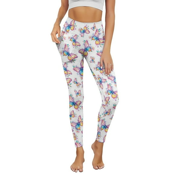 Renewold Colorful Butterfly Floral Yoga Pants for Women with Pockets Full Length Workout Yoga Pants High Waisted Tummy Control Athletic Pants Activewear Casual Leggings, M