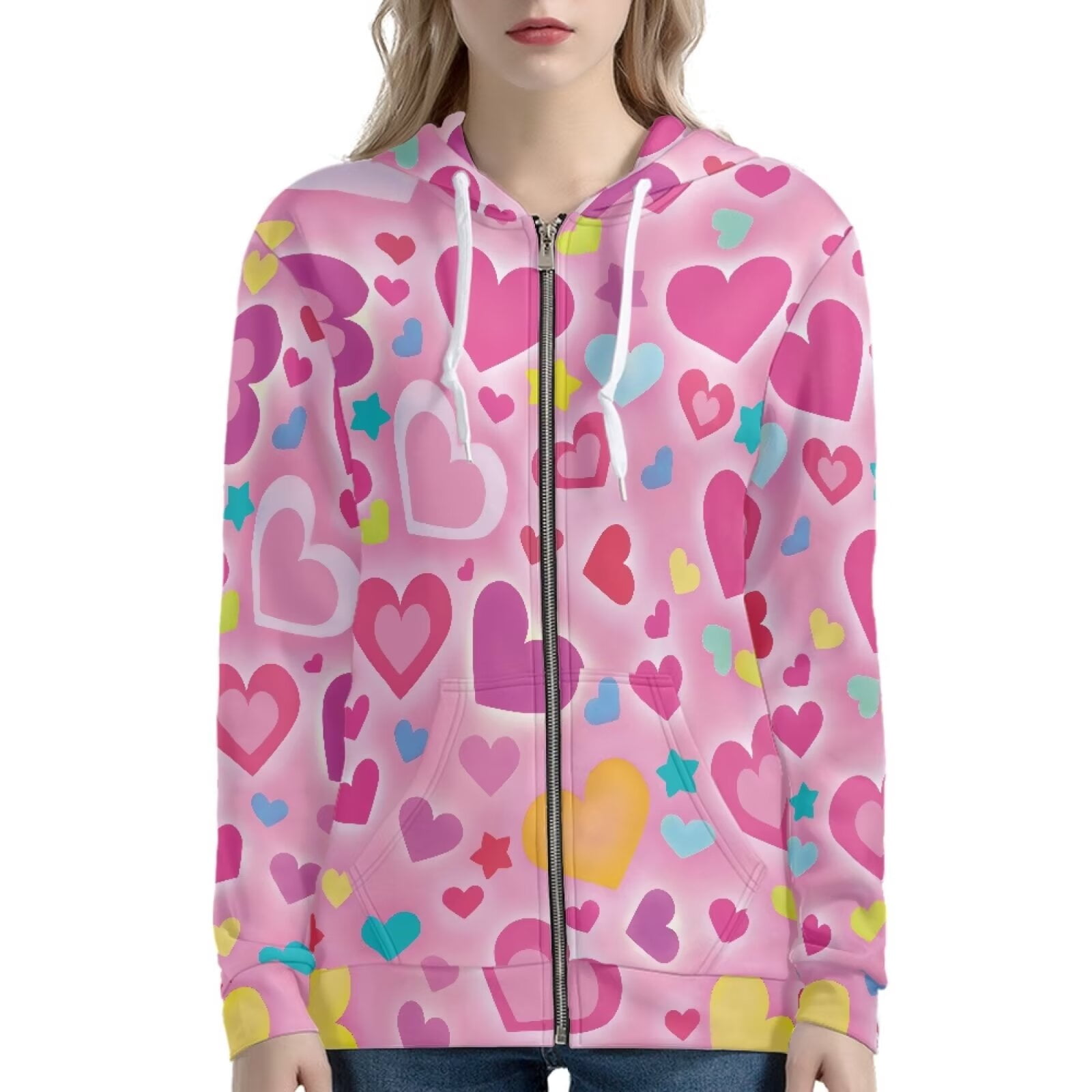 Renewold Colorful Hearts Full Zip Hoodie Y2K Valentine's Day