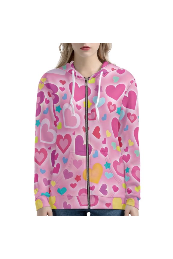 Colorful Hearts Full Zip Hoodie Y2K Valentine's Day Jacket with Kangaroo Pockets Women Long-Sleeve Sweatshirts for Daily Wear Clothing Size XS