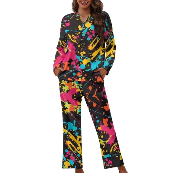 Renewold Colorful Nightwear for Women Plus Size S Comfy Button Pajamas Top and Pants Set of 2 Thermal Home Wear Pullover Tops Loose Fitting Elastic Indoor Nightwear Loungewear