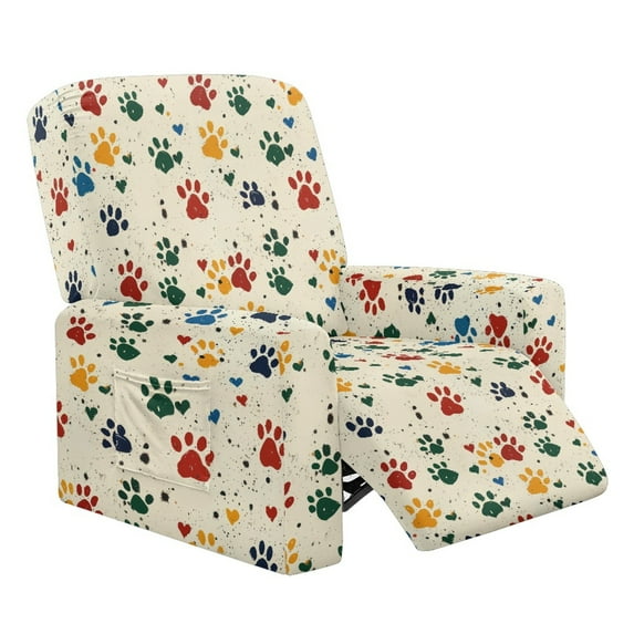 Renewold Colorful Paw Heart Stretch Recliner Cover Universal 4 Pieces Cat Dog Puppy Footprint Recliner Sofa Cover Stay in Place Furniture Protector Home Decor for Pets, Dogs, Cats, Kids