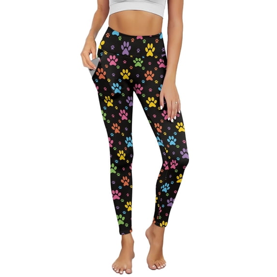 Renewold Colorful Paw Print Yoga Pants with Pockets for Women Stretch High Waisted Tummy Control Workout Tights Buttery Soft Printed Leggings Sportswear Basic Pants, 3XL