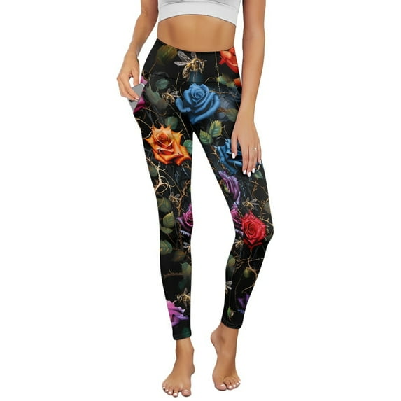 Renewold Colorful Rose Thorn Yoga Pants with Pockets for Women High Waisted Workout Yoga Pants Tummy Control Buttery Soft Compression Pants Sportswear Non See-Through, XXL