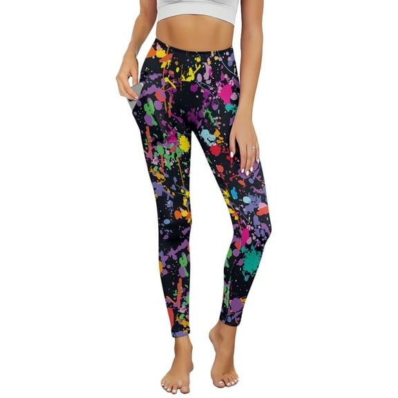 Renewold Colorful Splash Print Yoga Pants for Women with Pockets Full Length Workout Leggings High Waisted Tummy Control Lounge Pants Activewear Fashion Womens Leggings, XS