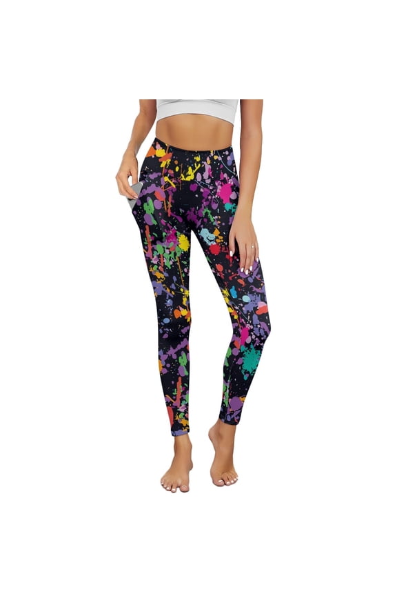 Colorful Splash Print Yoga Pants for Women with Pockets Full Length Workout Leggings High Waisted Tummy Control Lounge Pants Activewear Fashion Womens Leggings, S