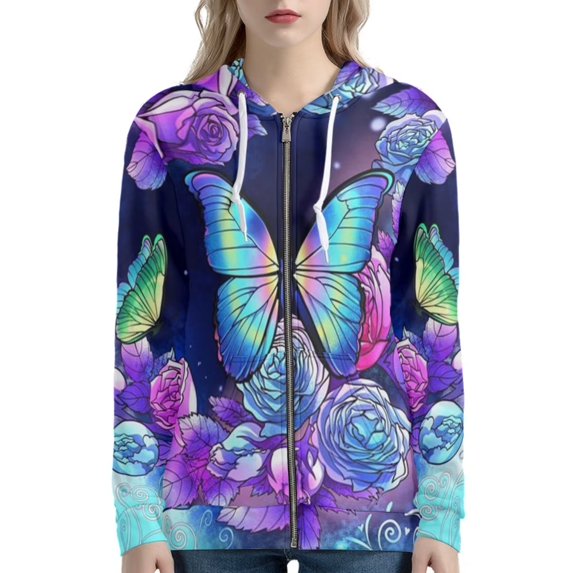 Renewold Colorful Zip Front Drawstring Hoodies for Women Size 4XL Dazzling Butterfly Floral Graphic Casual Sweatshirt Tops Outside Workout Jacket with Pockets