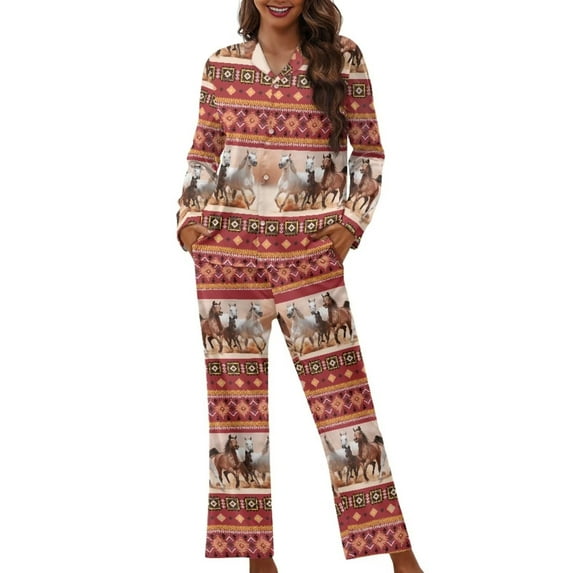 Renewold Comfort Southwest Aztec Horse Pajamas Pants Set Women Button Down Dailywear Tredny Long Sleeve Sleepwear 2 Pack Soft Home Life Nightwear Thermal Loungewear Size XS
