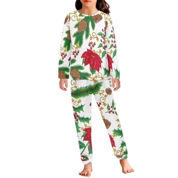 Renewold Comfortable Pajamas Set of 2 Poinsettia Pine Cones Loungewear Thermal Indoor Clothing Kids Warmth Casual Christmas Crewneck Home Sleepwear Size 9-10