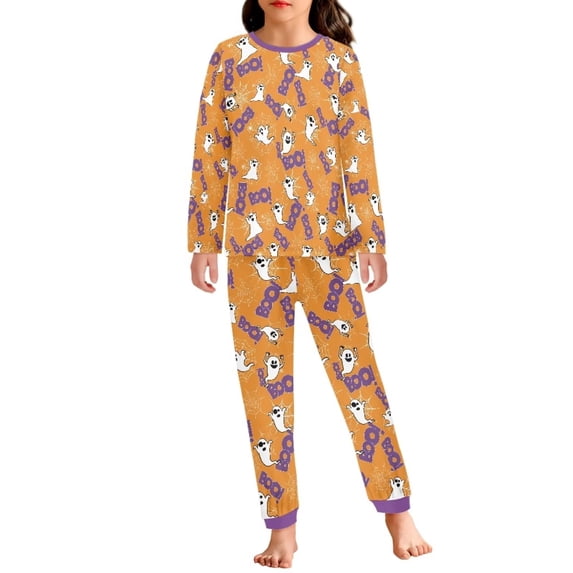 Renewold Comfortable Pajamas Set for Fall Spring Winter Boo Ghosts Casual Warmth Fall Spring Winter Nightwear 2pcs Teens Soft Halloween Scoop Neck Clothes Size 5-6