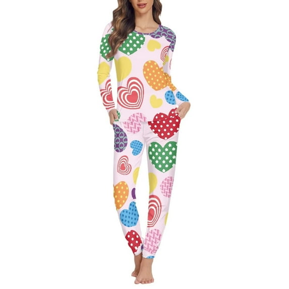 Renewold Comfortable Pajamas Set for Valentine's Day Colorful Hearts Loungewear Size 2XL Elastic Athletic Clothing Breathable Women Pj Clothing Pants Bottoms Set of 2