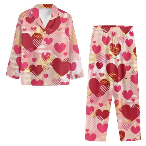 Renewold Comfortable Pajamas Set for Women Long Sleeve Athletic Clothing Thermal Daily Wear Nightwear Outfits Size 4XL 2pcs Red Pink Hearts Button Sleepwear, Valentine's Day