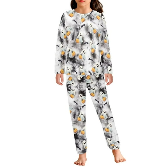 Renewold Comfortable Pjs for Teens 9-10 Pumpkins Ghosts Pajama Top Pants Bottom Set 2 Packs Thermal Loungewear Halloween Personalized Crewneck Nightwear