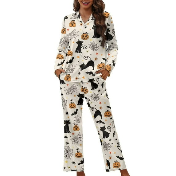 Renewold Comfy Button Down Pajama Elastic Pants for Jogger & Walking Novelty Black Cats Pumpkins Loungewear Pullover Lightweight Sleepwear Set of 2 Women Halloween Gifts,Size S