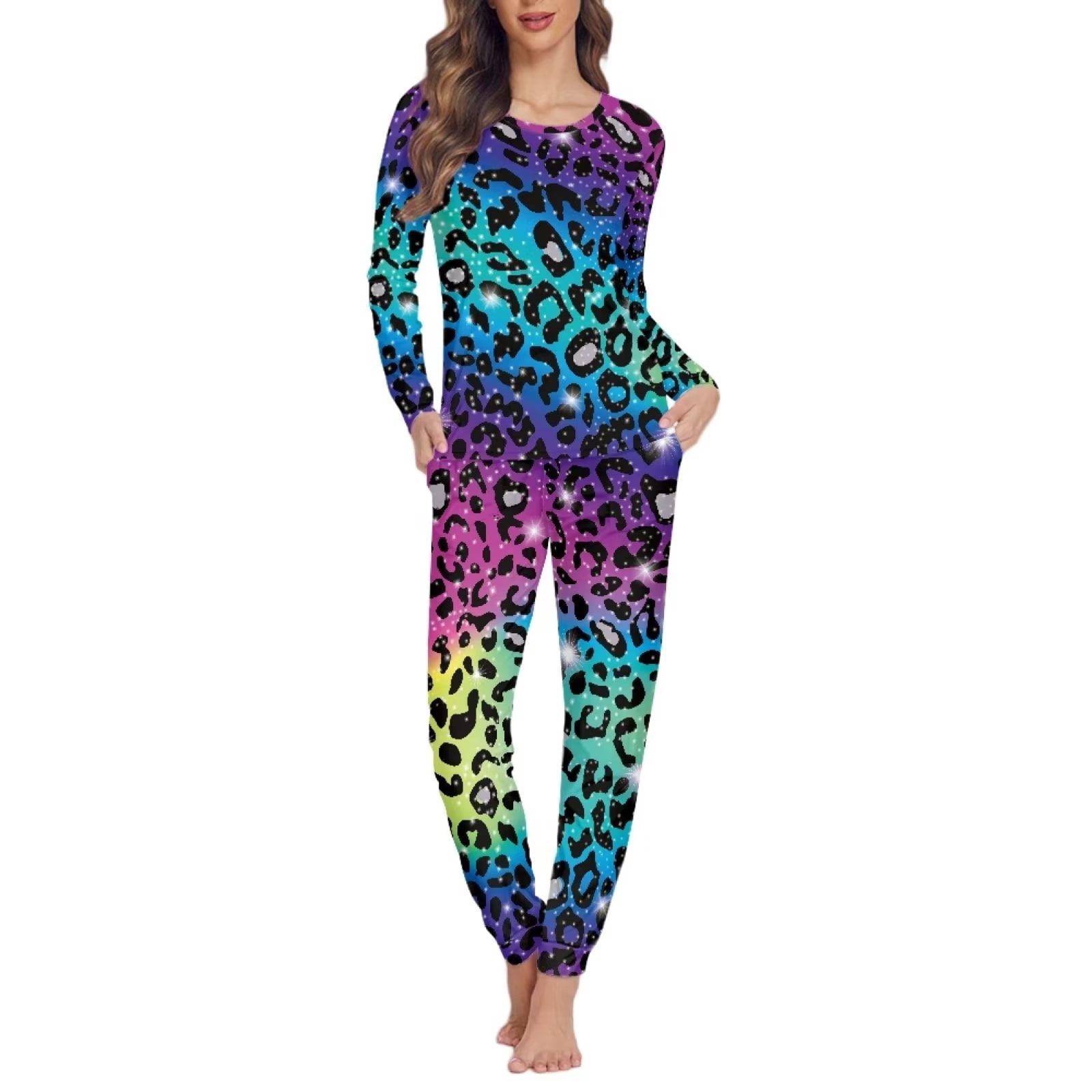 Pyjamas Colorful Renewold Comfy Pajamas for Women Set Colorful Leopard Snug-Fit Round ...