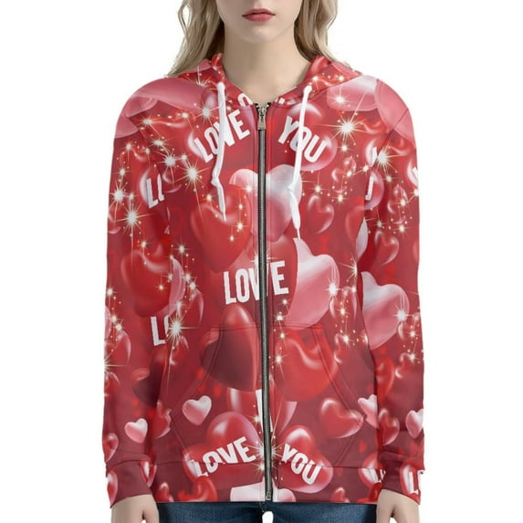 Renewold Comfy Zipper Hoodie for Women Size 3XL Red Heart Love Athletic Hooded Sweatshirts Zip Jacket with Big Pocket Fashion Street-Wear Sportswear, Valentine's Day