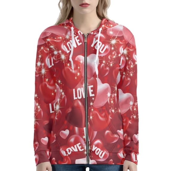 Renewold Comfy Zipper Hoodie for Women Size S Red Heart Love Athletic Hooded Sweatshirts Zip Jacket with Big Pocket Fashion Street-Wear Sportswear, Valentine's Day