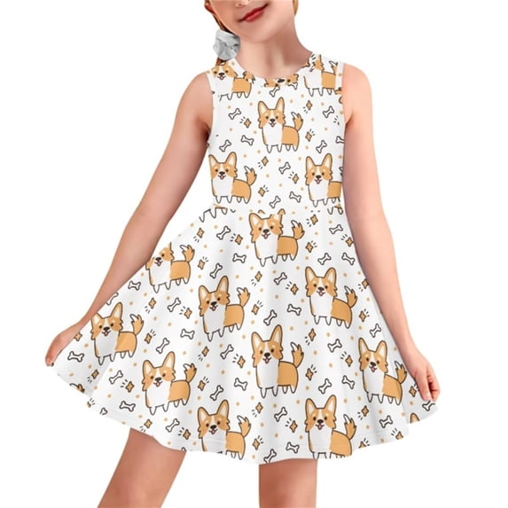 Renewold Corgi Dog Paw Tank Top Dress Teens Girl School Home Playwear Skin Friendly Elastic Waist Princess Dress Cute Crewneck Ruffle Dresses for Kids 15-16 Years