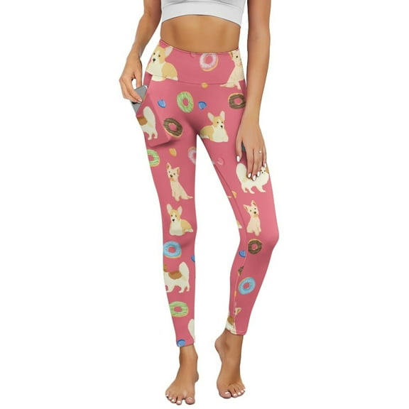 Renewold Corgi Doughnut Pink Womens Yoga Pants with Pockets High Waisted Womens Leggings Fashion Exercise Yoga Leggings Lightweight Activewear Printed Ankle Leggings, XL