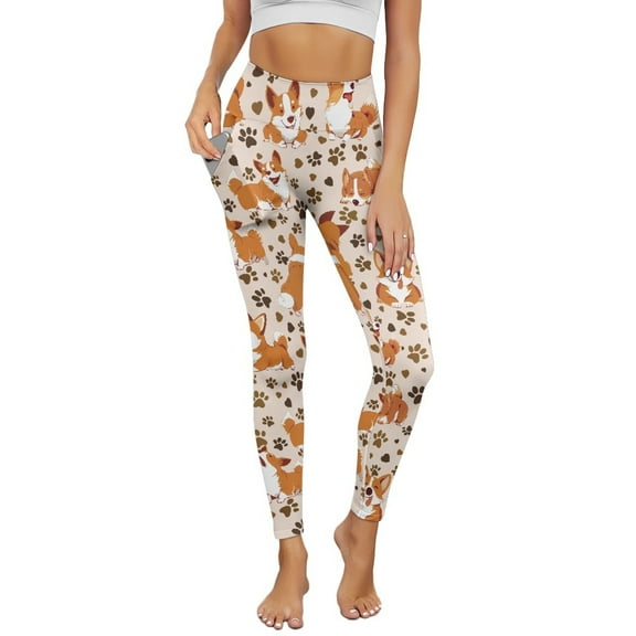 Renewold Corgi Paw Love Leggings with Pockets for Women Workout Tights Compression Leggings High Waisted Butt Lifting Printed Leggings Full Length Womens Leggings, XL