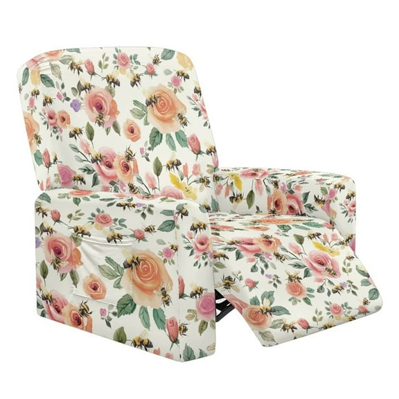 Renewold Couch Recliner Cover Breathable Soft Rose Bee Print Recliner Sofa Cover 4 Pieces Stay in Place Lazy Boy Recliner Chair Slipcover with Pocket and Elastic Bottom