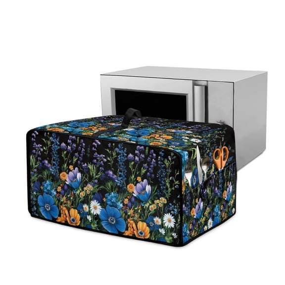 Renewold Countertop Appliance Cover for Toaster Oven with Accessory Pockets, Dust-Proof Stain-Resistant Home Kitchen Decor Fits Machine Up to 20.5 x 16.5 x 10 Inches, Floral Blue Black