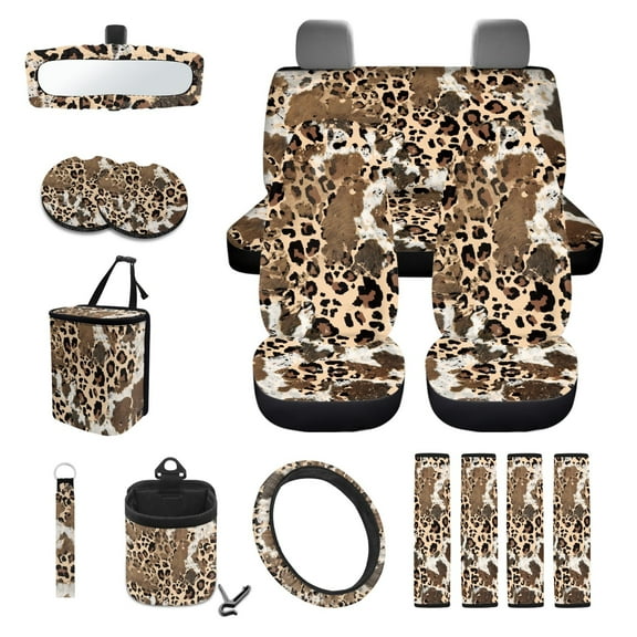 Renewold Cow Leopard Print Car Seat Cover Set 15 PCS, with Steering Wheel Seat Belt Strap Rear View Mirror Cover Trash Can Cup Coaster Keychain Air Vent Storage Bag Universal Fit
