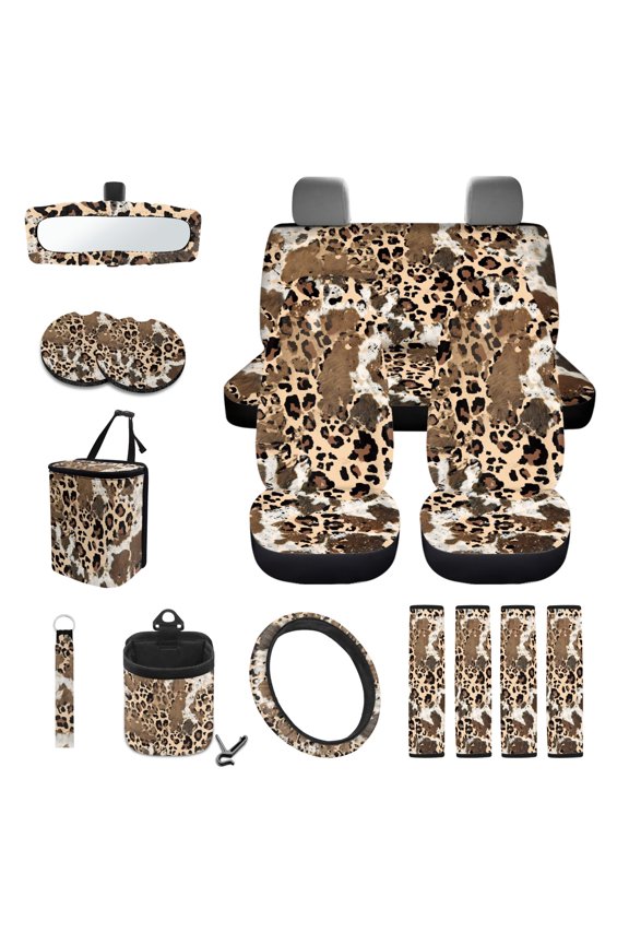 Cow Leopard Print Car Seat Cover Set 15 PCS, with Steering Wheel Seat Belt Strap Rear View Mirror Cover Trash Can Cup Coaster Keychain Air Vent Storage Bag Universal Fit