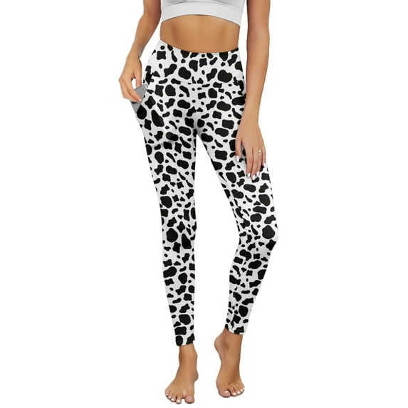 Renewold Cow Print Black White Yoga Leggings for Women Yoga Pants with Pockets Athletic Tights Soft Basic Pants Casual Active Yoga Leggings for Workout Sports Disco Party, S